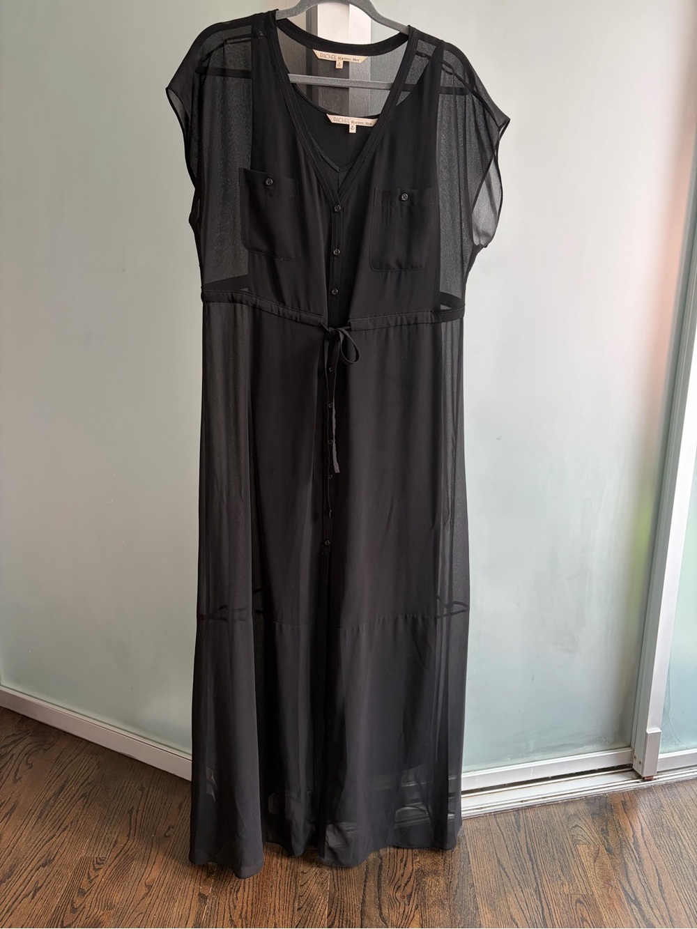 RACHEL Rachel Roy Black Sheer Button-Front Maxi Dress with Tie Waist